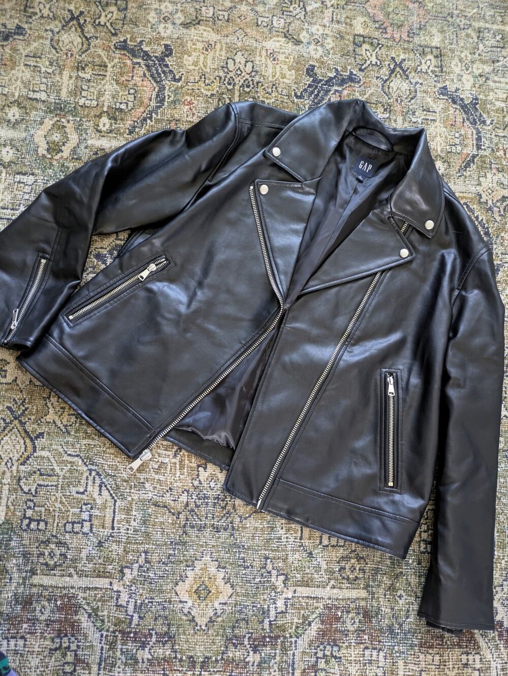 GAP Black Faux Leather Moto Biker Jacket - Classic Asymmetric Zip